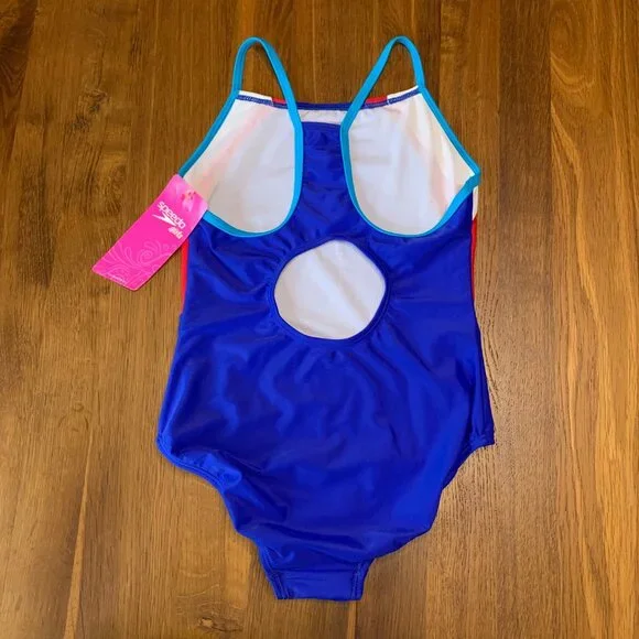 SPEEDO Performance Swimsuit Girls 12 One Piece Blue Swim Team NWT NEW Keyhole - Picture 2 of 9